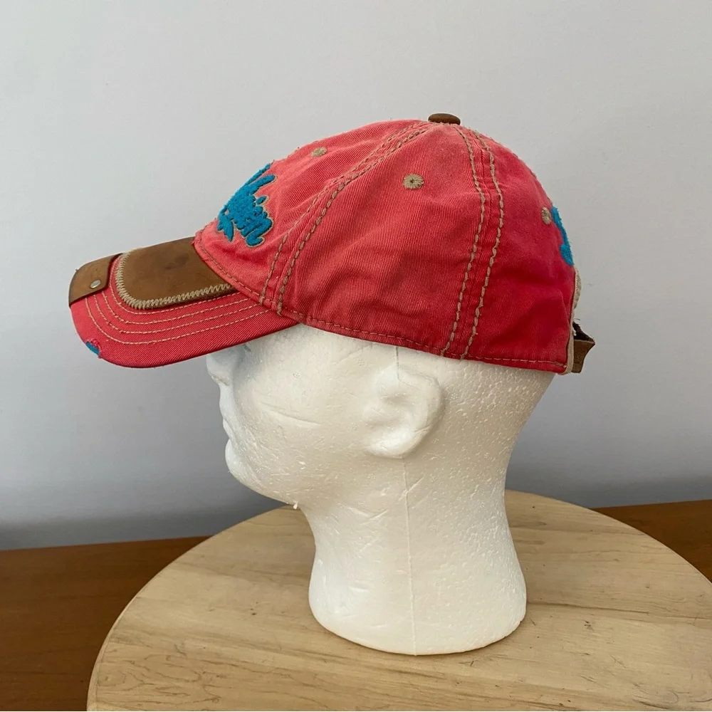 True Religion VTG The Buddha Red and Leather Distressed Hat Y2K Red Blue RARE‎
